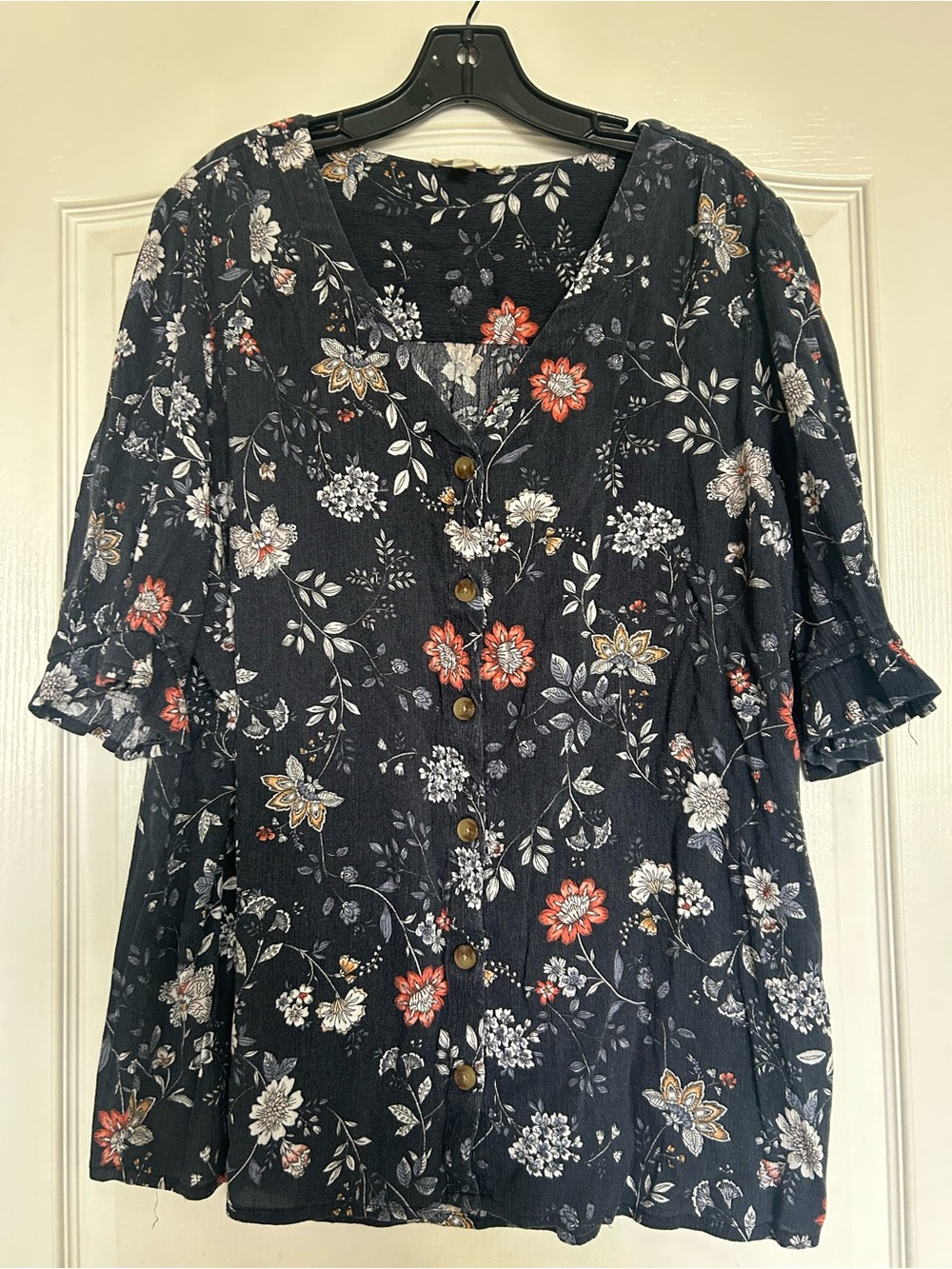 Navy Floral Button-Front Women’s Blouse